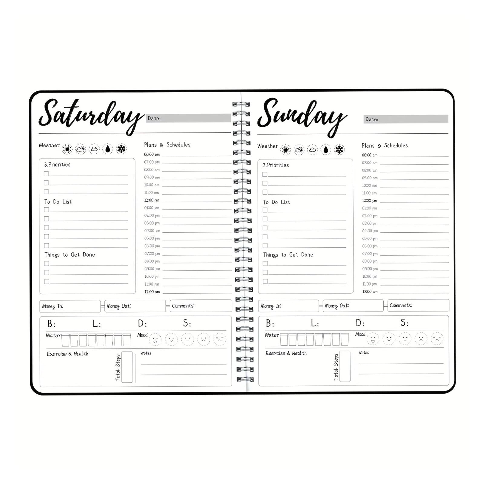 Inspirierendes Notizbuch 2-teiliges undatiertes 7-Tage-Wochenplaner-Notizbuch mit stündlichem Essensplan, Ausgaben-Tracker und Wasseraufnahme-Tracker.