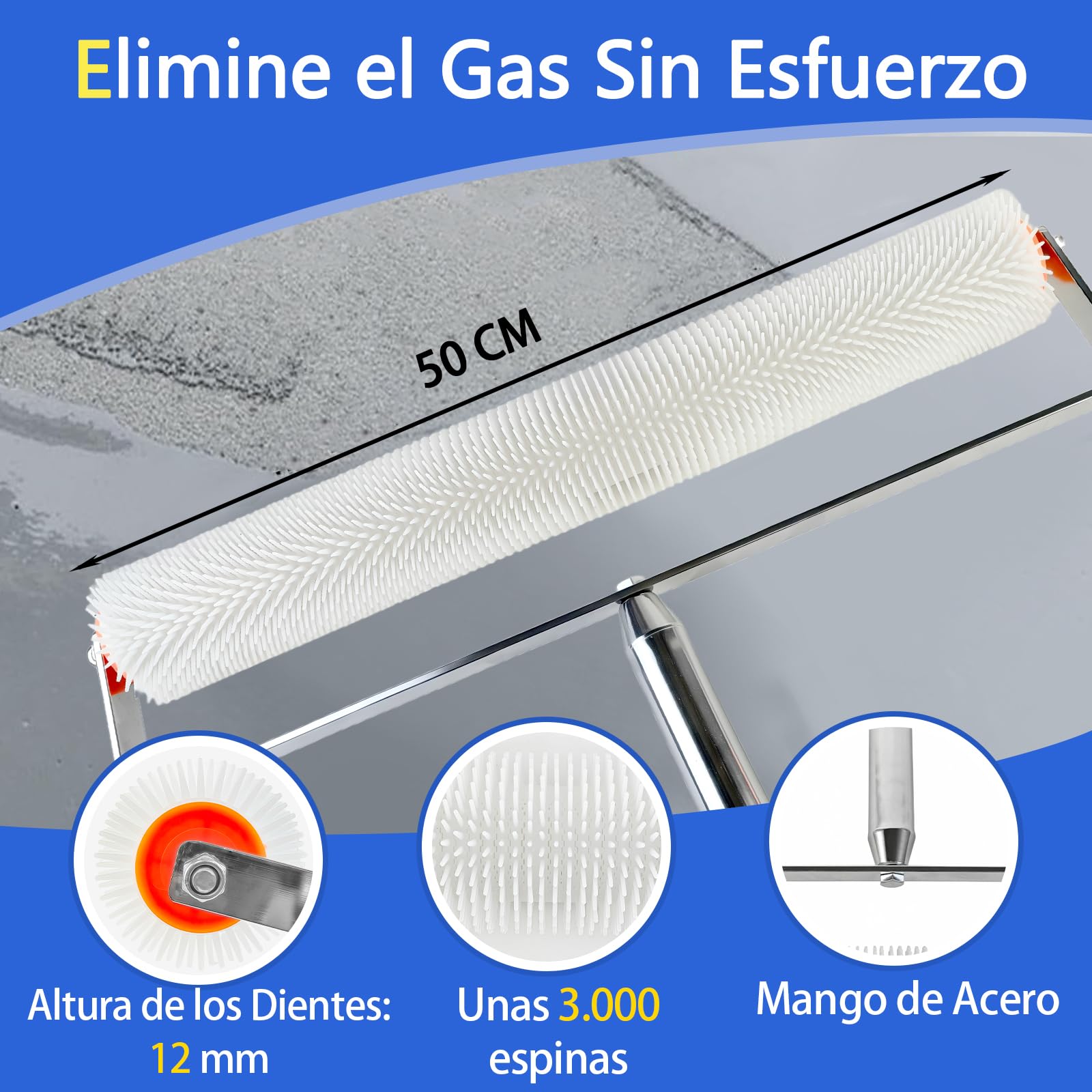 VKE Rodillo Púas Autonivelante 50cm Antisalpicaduras,Palo Telescópico 162cm | Incluye Rascador Autonivelante 56cm y Zapatos Aireadores para Césped, Set Completo Herramientas Para Autonivelante