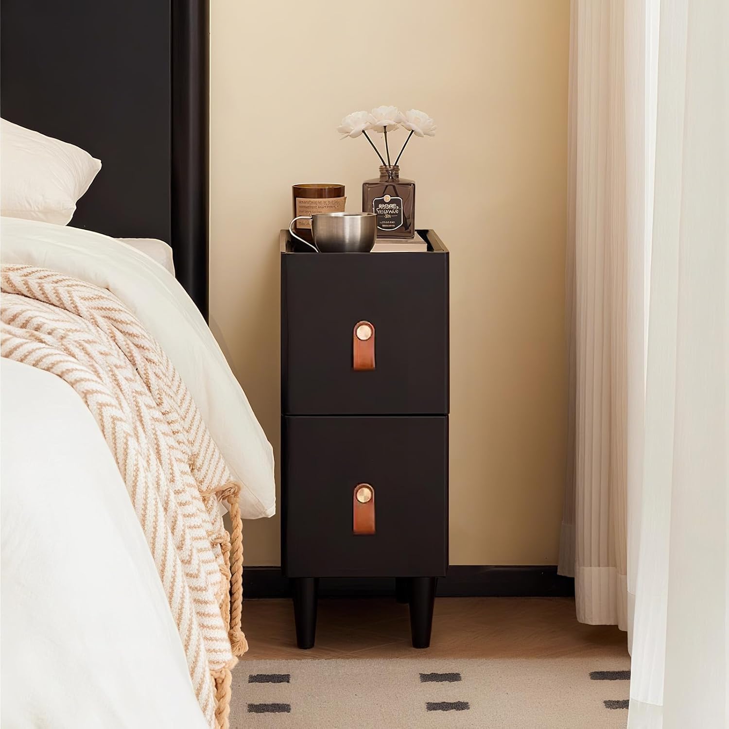 Narrow Nightstand, Solid Wood Night Stand, Mid Century Modern Nightstand Table, Small Side Table for Bedroom Bedside, 7.87" W x 15.74" D x 21.65" H, Black