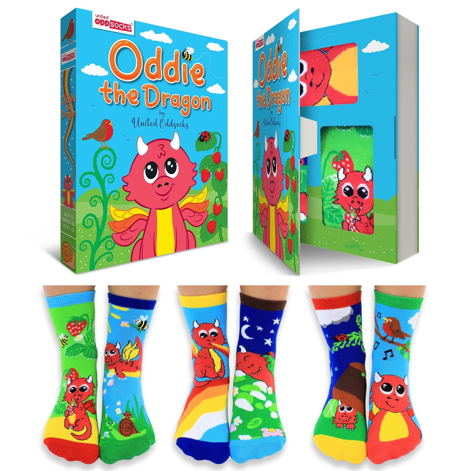 United Oddsocks - Pack of 6 Mix & Match Kids Socks, Novelty Socks for Kids 4-6 years old, Size UK 9-12 (EU 27-30) (UK, Age, One Size, Oddie The Dragon)