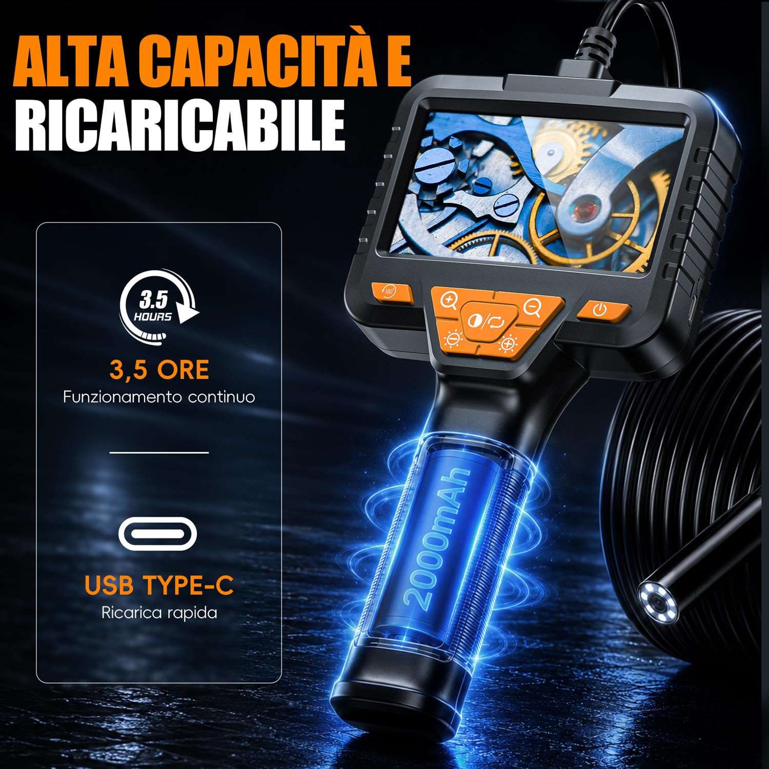 Endoscopio Industriale, SKYBASIC Telecamera Endoscopica 15M con Schermo da 4,3 Pollici Telecamera per Ispezione Impermeabile IP67 Impermeabile, 8 LED, per Tubi, Motore Auto, Scarichi e Casa