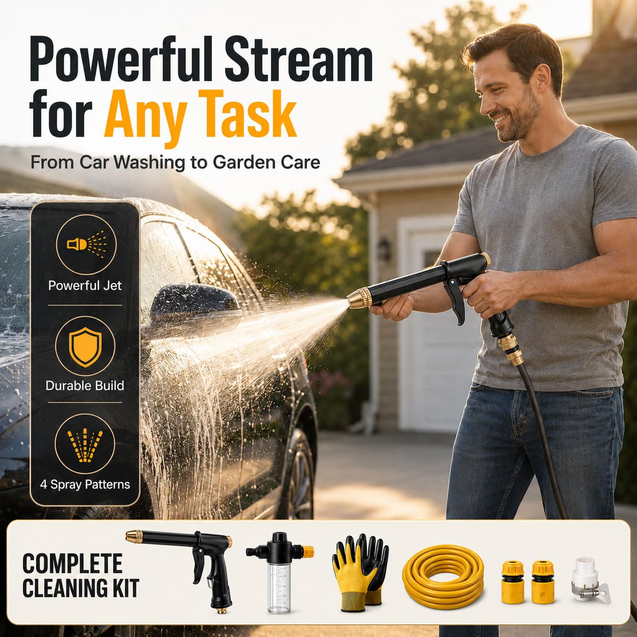 Strumento Multifunzione per Il Lavaggio dell'auto, Tubo Flessibile Regolabile con ugello a Getto, Potente idropulitrice ad Alta Pressione per Auto, Patio e spazi Esterni.,with 20m Hose