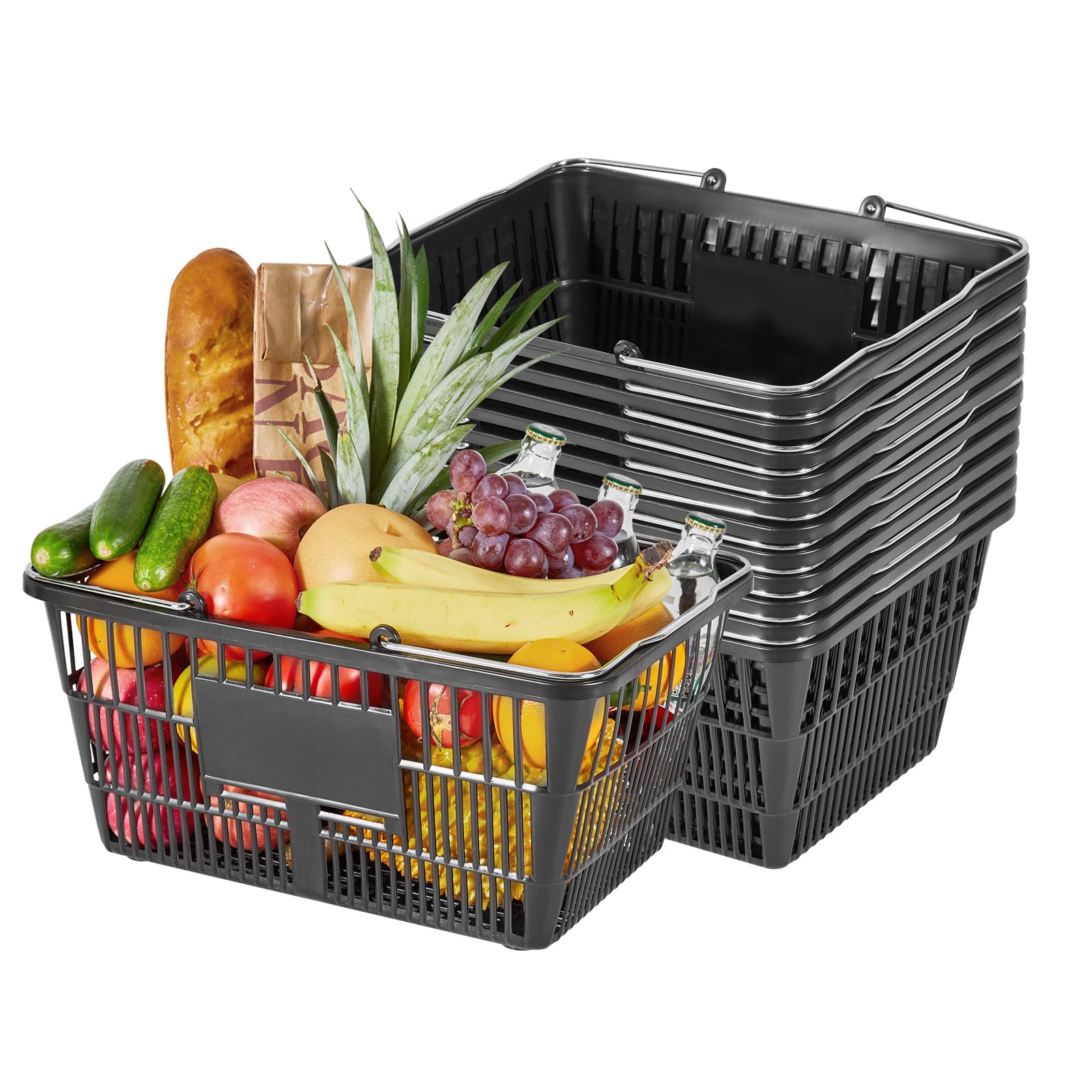 VEVOR Panier de Courses Plastique 12 PCS Panier à Provisions Empilable Capacité 21 L pour Épicerie Vente au Détail Magasins Supermarchés, avec Poignées Métalliques, Maille Dense, Charge 9 kg, Noir