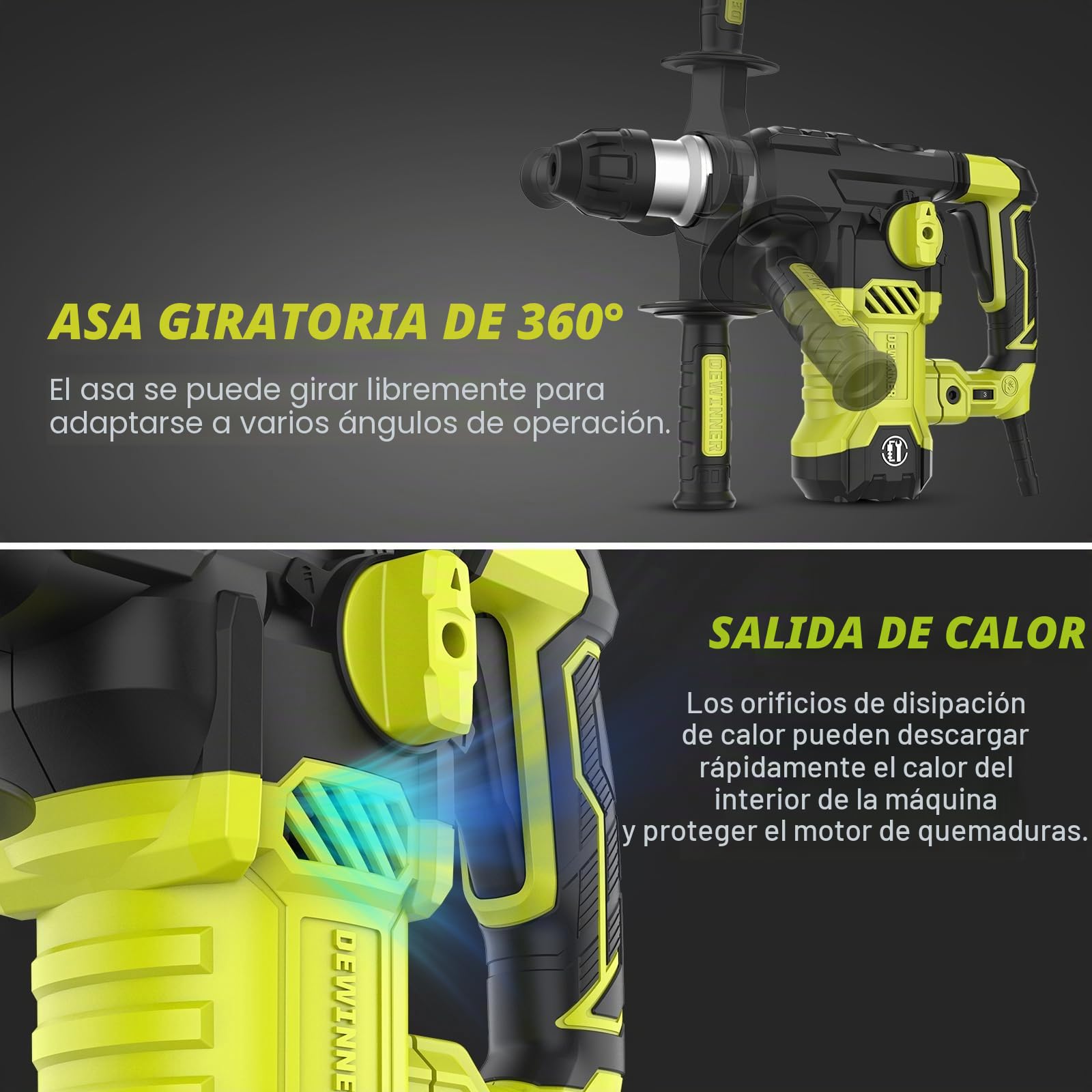 DEWINNER Martillo Percutor SDS-Plus,1500 W, 6 velocidades, 850RPM, 4400BPM, 5.5J, embrague de seguridad y tecnología antivibración, 4 funciones, incluye organizador, cincel y broca de 32mm