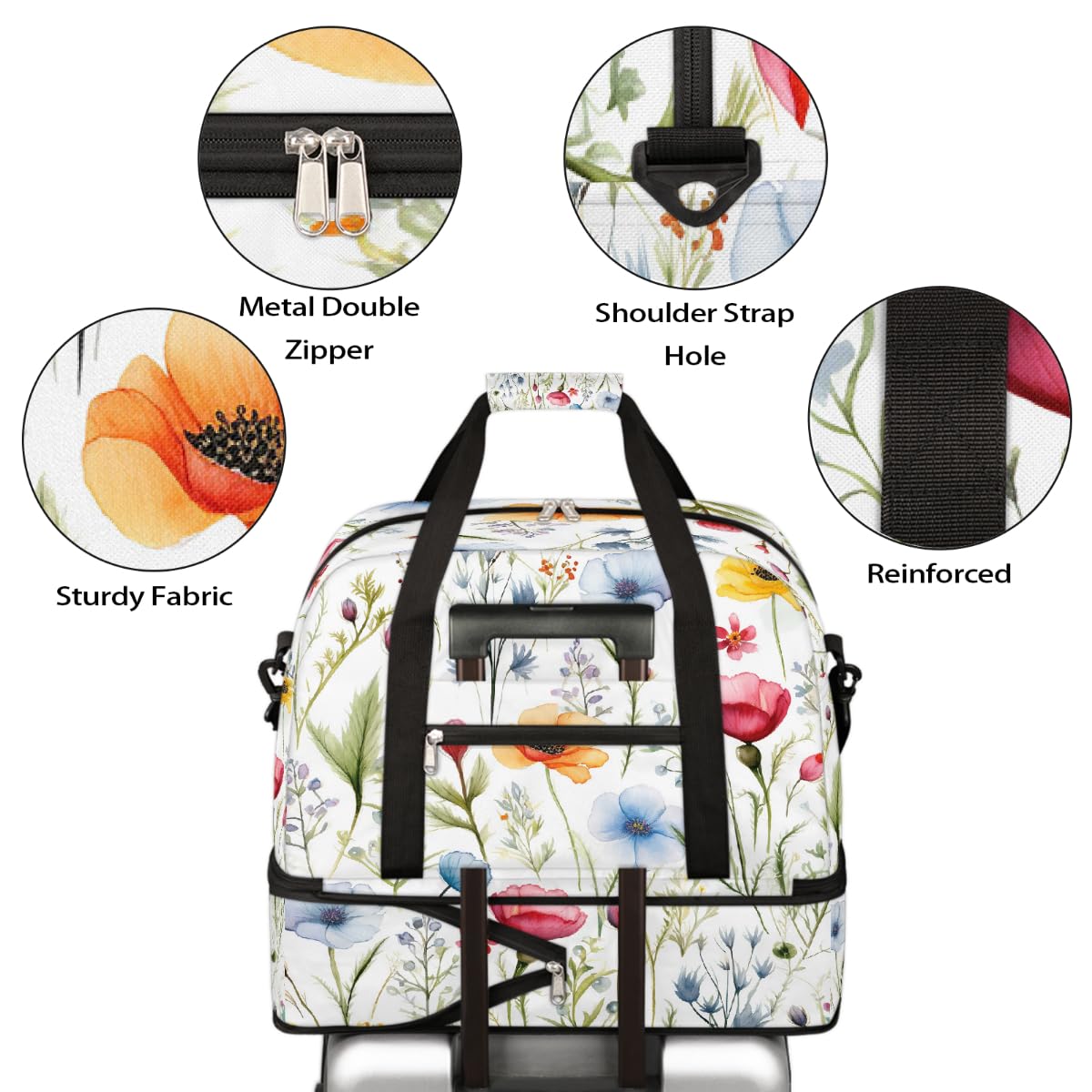 Borsone da viaggio pieghevole con motivo floreale ad acquerello, borsa da palestra espandibile con scomparto per scarpe, grande capacità, borsa da weekender, borsa da viaggio, sport, viaggi notturni