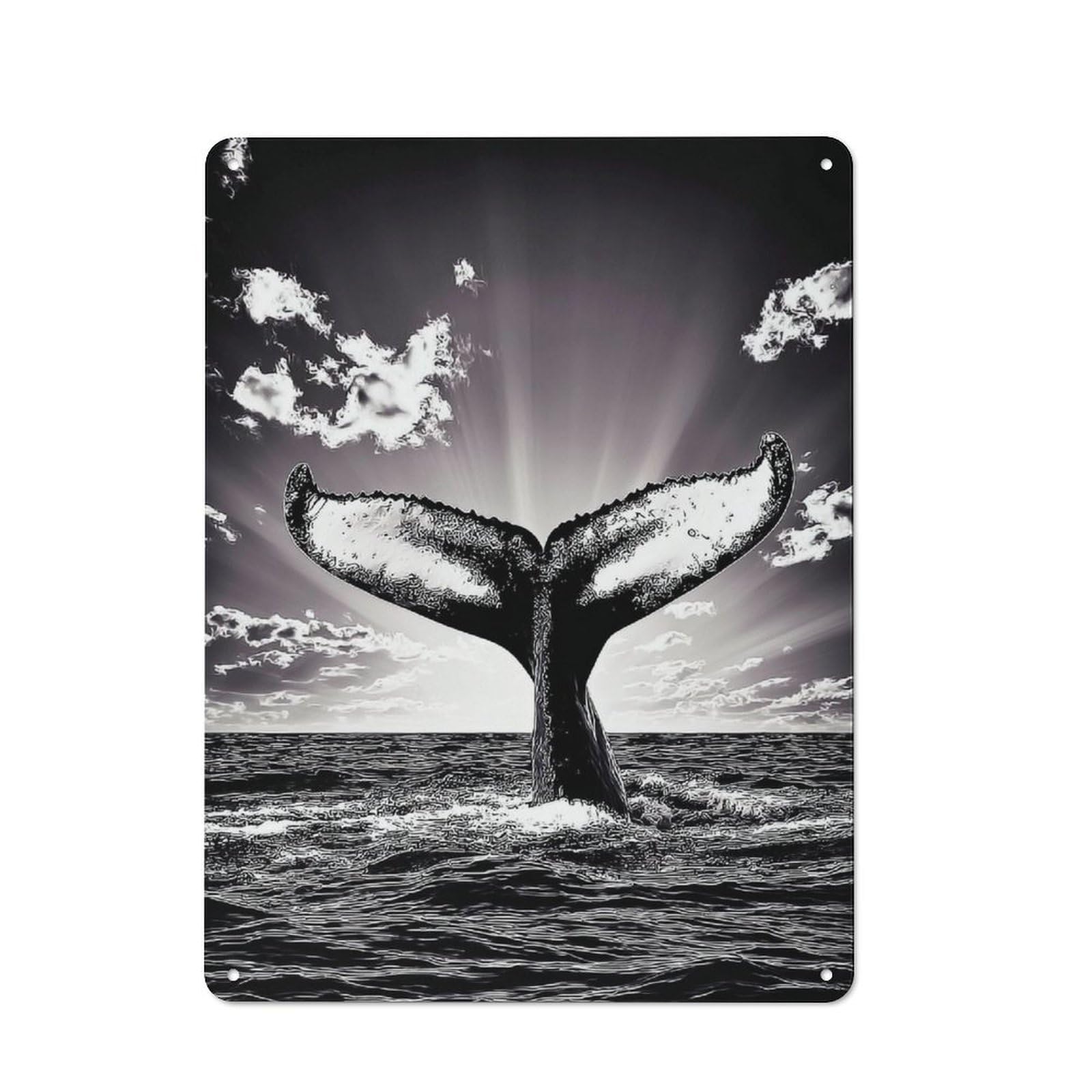 Metal Plaque with Whale Tail Rising from Ocean Waves Design 40x30cm, Cosy Diner Style Decor for Coffee Bar, Kitchen, Bistro Or Tea Corner