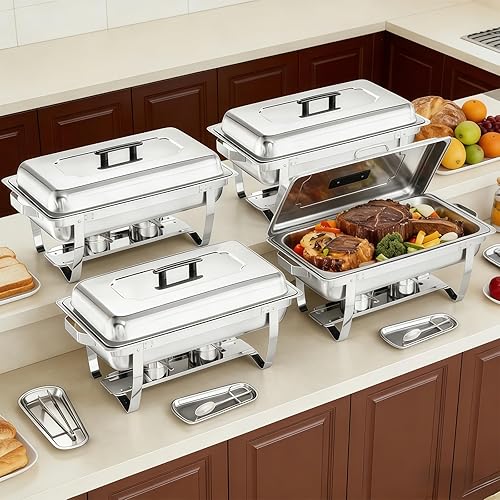 Juego de Bandejas Calentadoras (Chafing Dish) para Buffet de 4 Piezas, Bandeja de Comida Rectangular Plegable de Acero Inoxidable de 8 Cuartos de