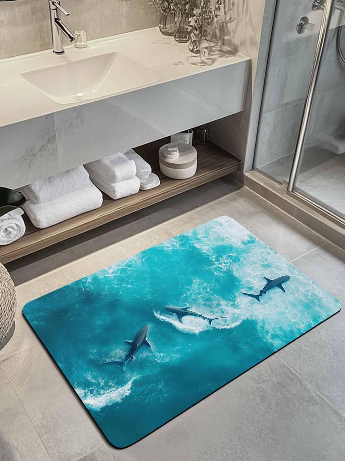 Bath Rugs Bathroom Rug, Summer Ocean Shark Blue Watercolor Absorbent Diatomaceous Earth Bath Mat Quick Drying Non-Slip Washable Shower Mat, Sea Marine Animal Doormat for Bathtub Kitchen 18x30in