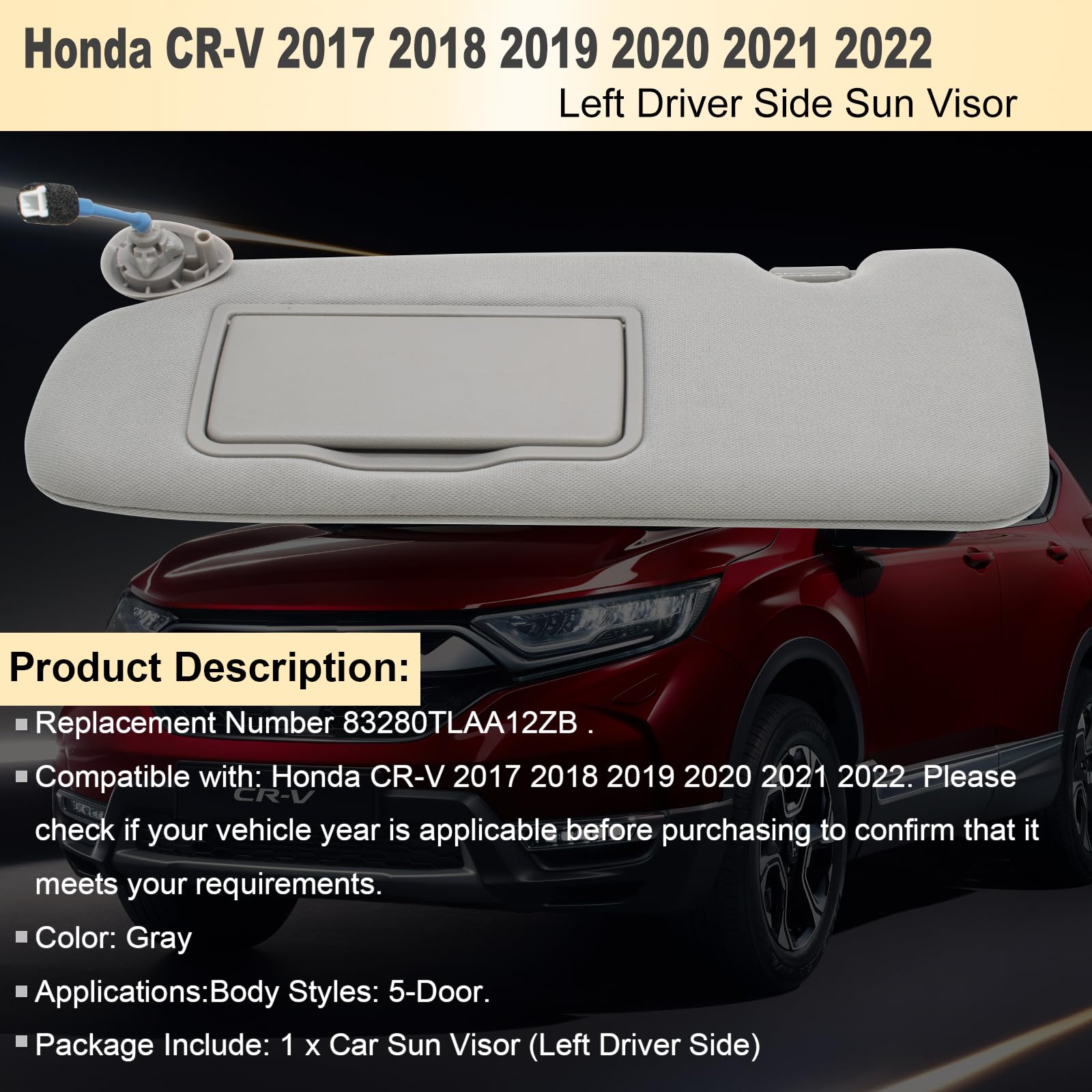 Driver Side Sun Visor — Gray, Fits 2017-2022 Honda CR-V, Replaces 83280-TLA-A12ZB