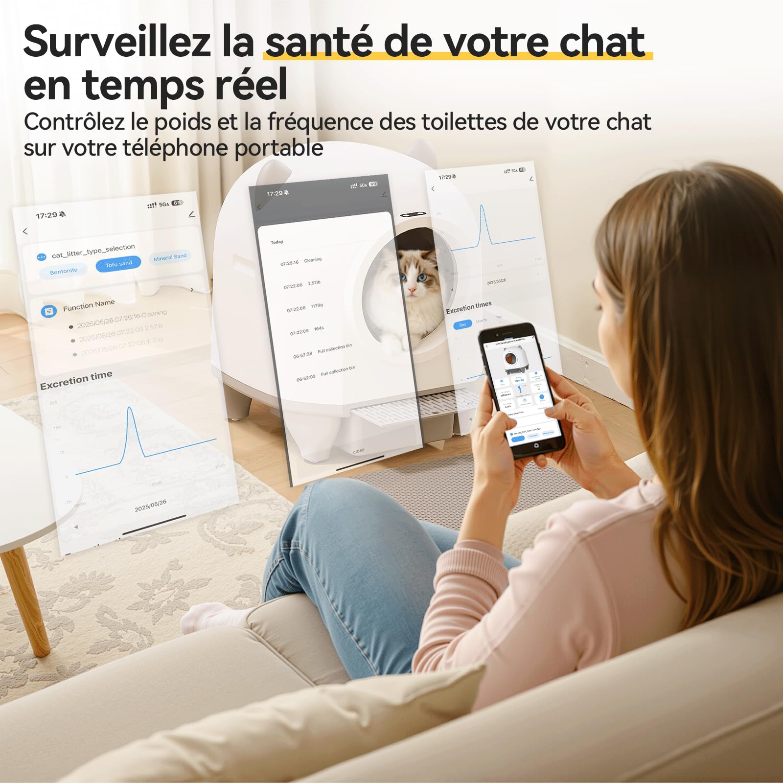 JUMMICO Bac à litière automatique autonettoyant 90L XXL, Contrôle intelligent par application, Système de sécurité anti-pincement, Surveillance de la santé, Double élimination des odeurs, Avec tapis à