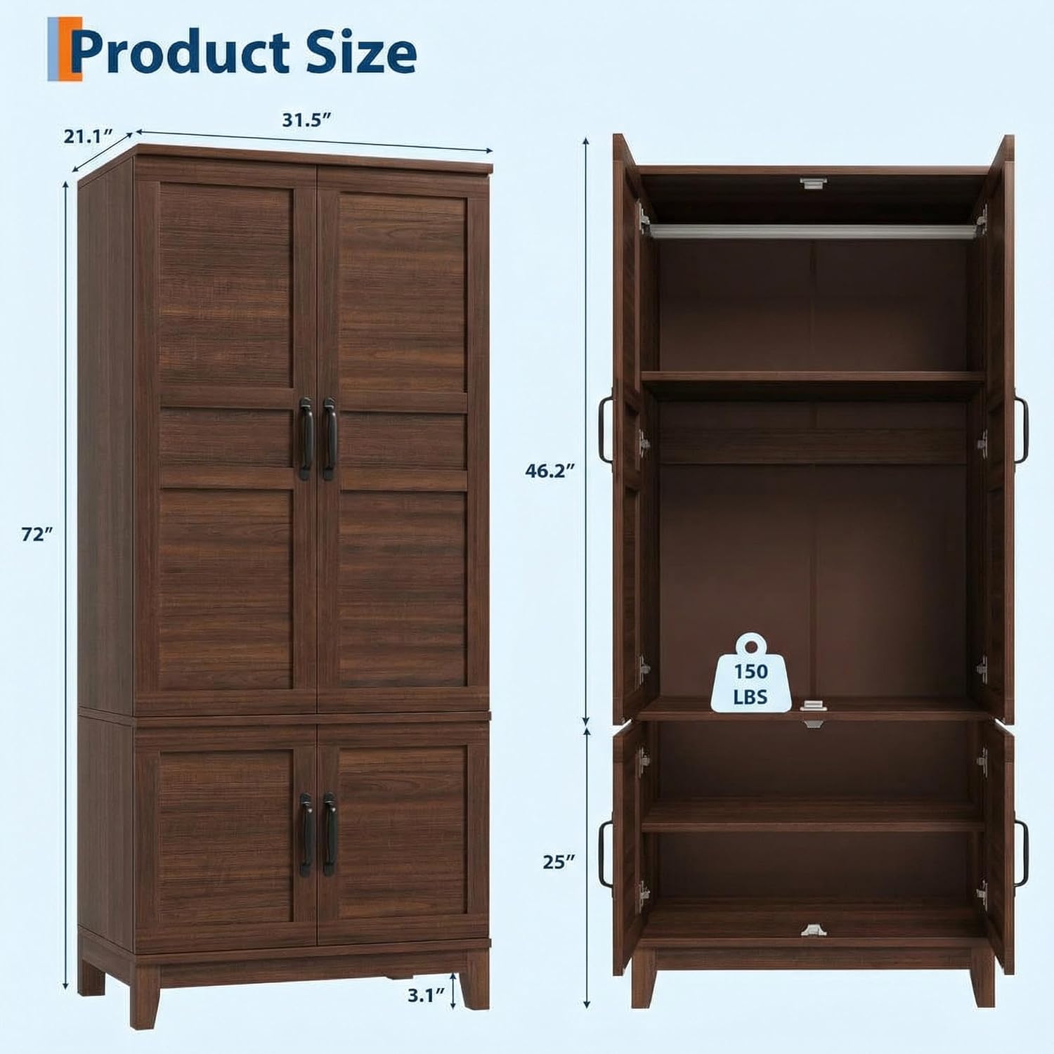IDEALHOUSE Armoire Wardrobe Closet with 4 Doors, 72" Tall Wooden Clothing Wardrobe with Hanging Rod & DIY Adjustable Shelf, Heavy Duty Bedroom Armoire Storage Cabinet, Walnut
