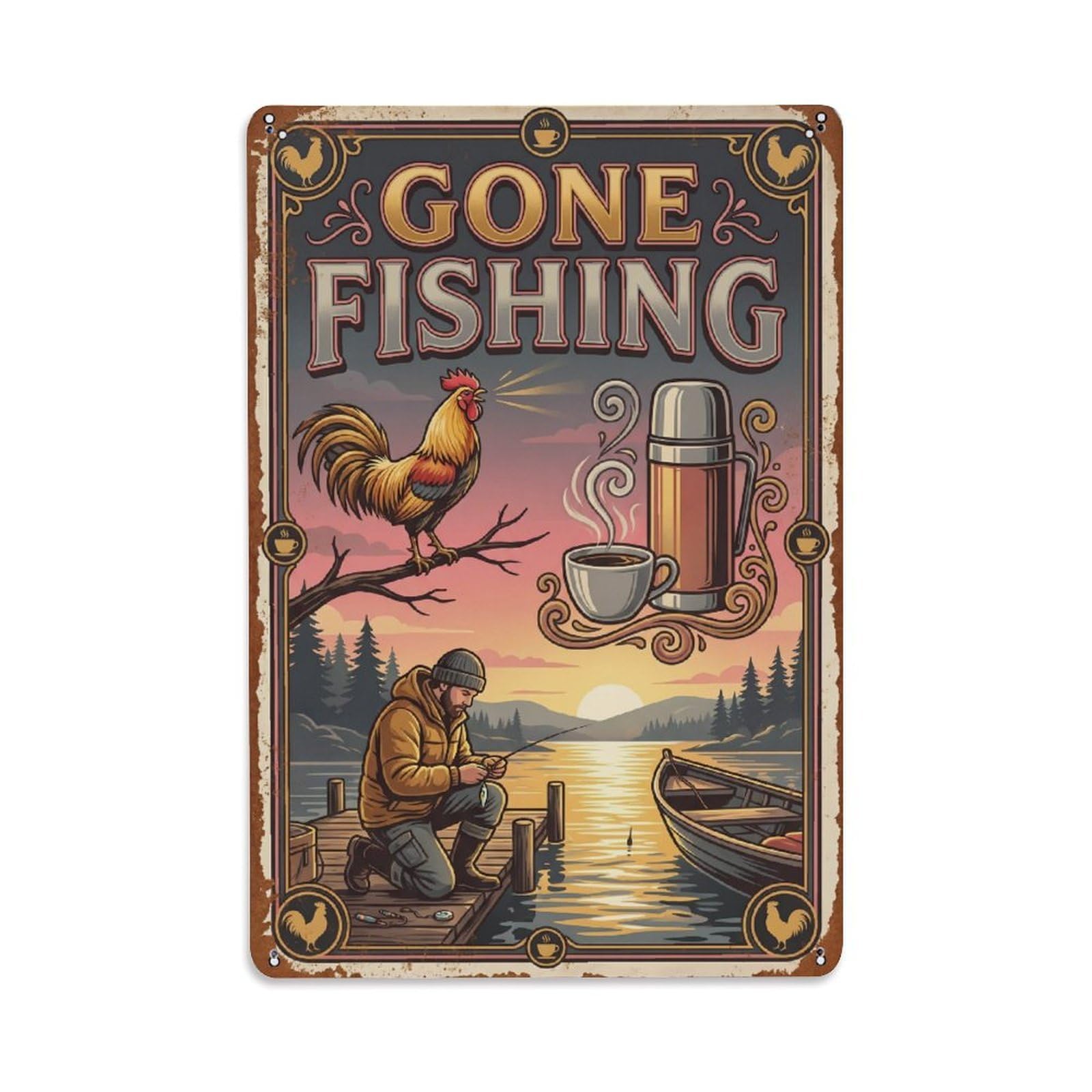 Gone Fishing Morning Early Vintage Metal Tin Sign Plaque Wall Decor for Cafe, Club, Garden Metal Poster 8x12Inch
