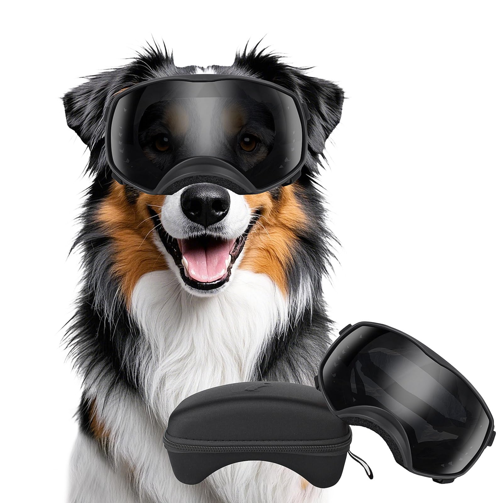 Occhiali da sole per cani, antivento, per cani, con fascia regolabile, adatti per cani di taglia media e grande, colore nero