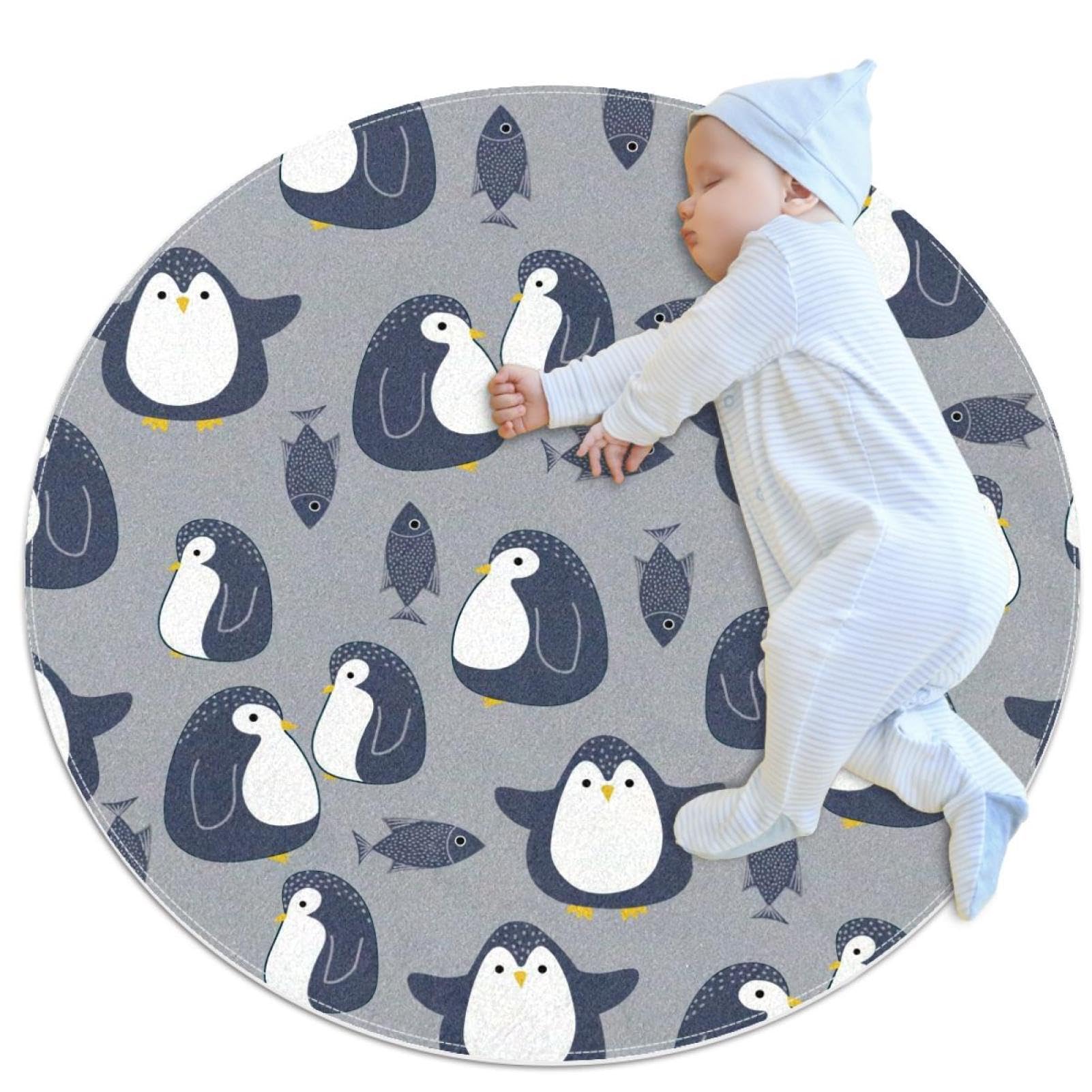 Tapis rond 1m antidérapant avec pingouin mignon pour chambre enfant et bain