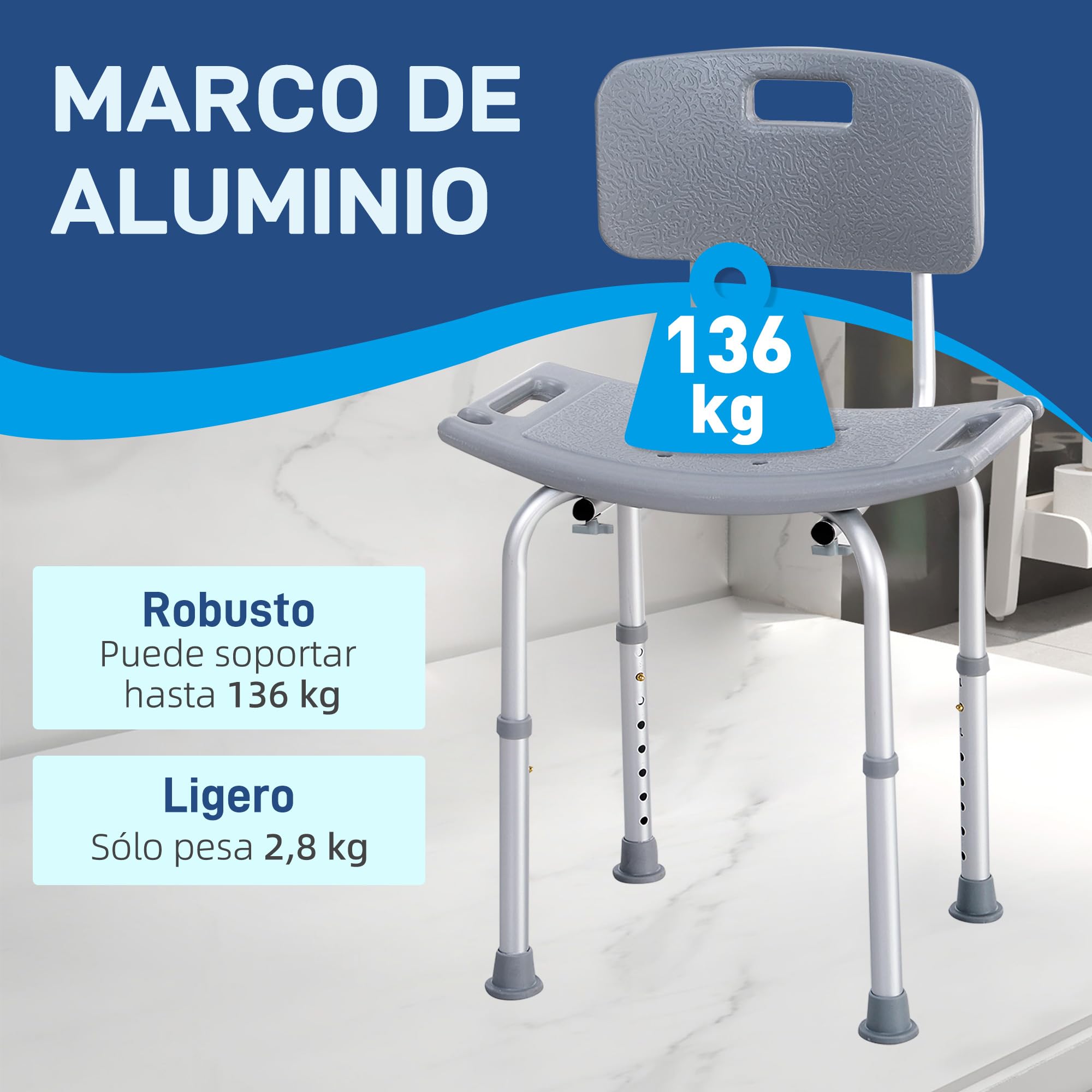 HOMCOM Silla Ducha Personas Mayores Taburete de Ducha Silla para Ducha con Respaldo Antideslizante Altura Regulable en 8 Niveles Carga 136 kg para Ancianos y Discapacitados