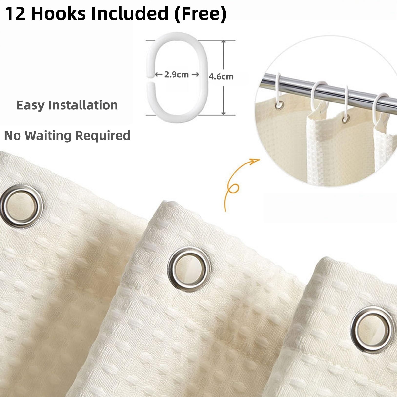 Duschvorhang Anti-Schimmel, Antischimmel, Polyester Stoff, Wasserdicht Badvorhang Waschbar, mit 12 Duschvorhangringe(White,220x220cm)