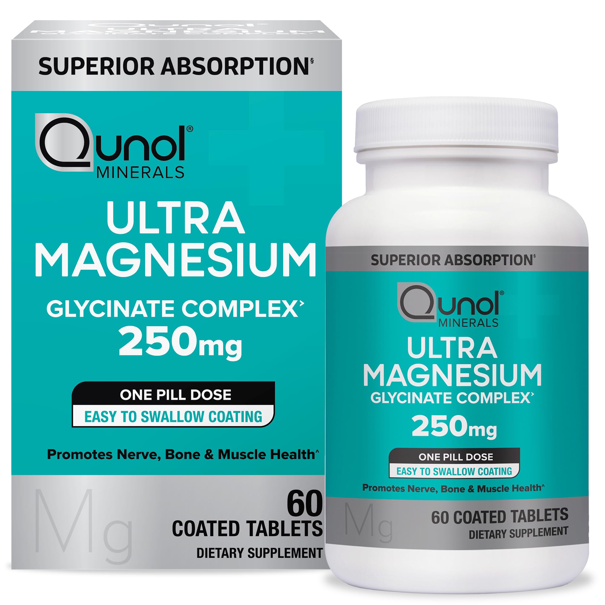 QunolMagnesium Glycinate Complex, Gentle on Stomach, 250mg One Pill Dose, Superior-Absorption Magnesium, Nerve, Bone and Muscle Health Supplement, 60 Count (Pack of 1)