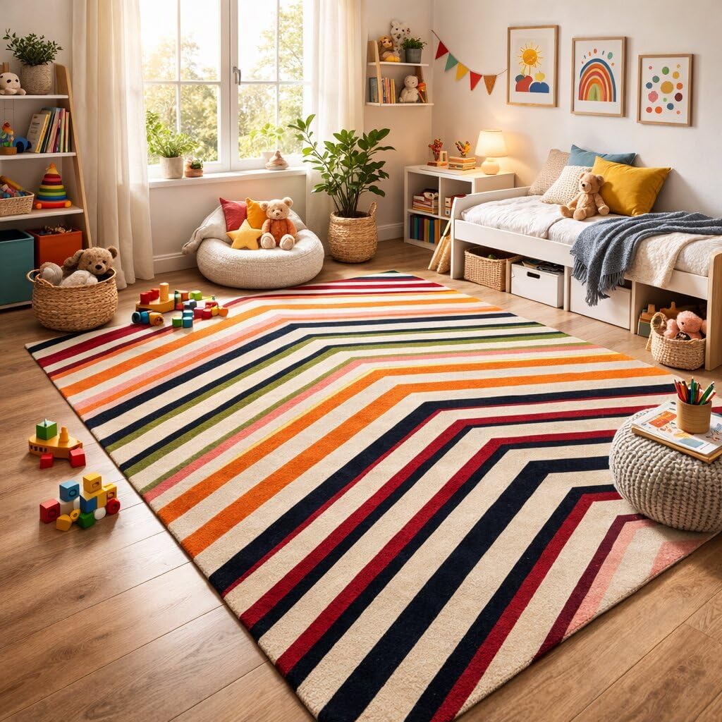 6'x10' Hand Tufted Wool Chevron Area Rug Colorful Striped Modern Carpet for Living Room Bedroom Dining Room Hallway Decorative Rectangular Floor Rug
