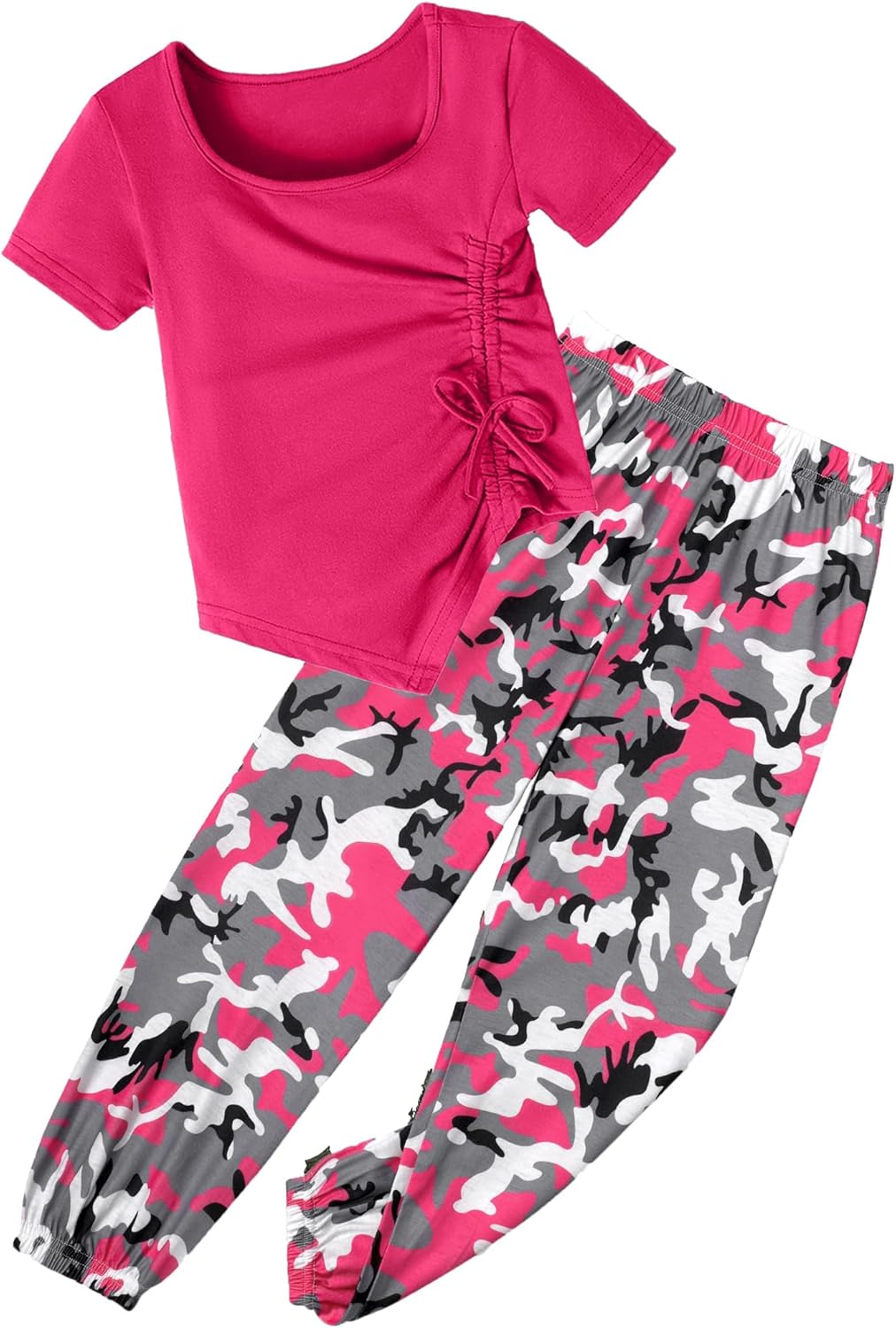 Girls Clothes Irregular Ruched Drawstring Short Sleeve Top and Girls Camouflage Pants 2Pcs Summer Girls Clothes