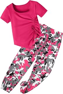 Girls Clothes Irregular Ruched Drawstring Short Sleeve Top and Girls Camouflage Pants 2Pcs Summer Girls Clothes