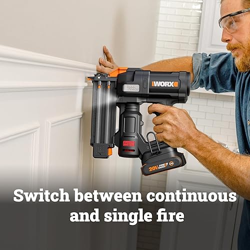 Miniatura 7 de WORX Pistola de clavos Brad sin cable, 20 V 18 ga sin escobillas, inalámbrica, alta potencia de conducción, hasta 2  pulgadas en madera dura, nariz