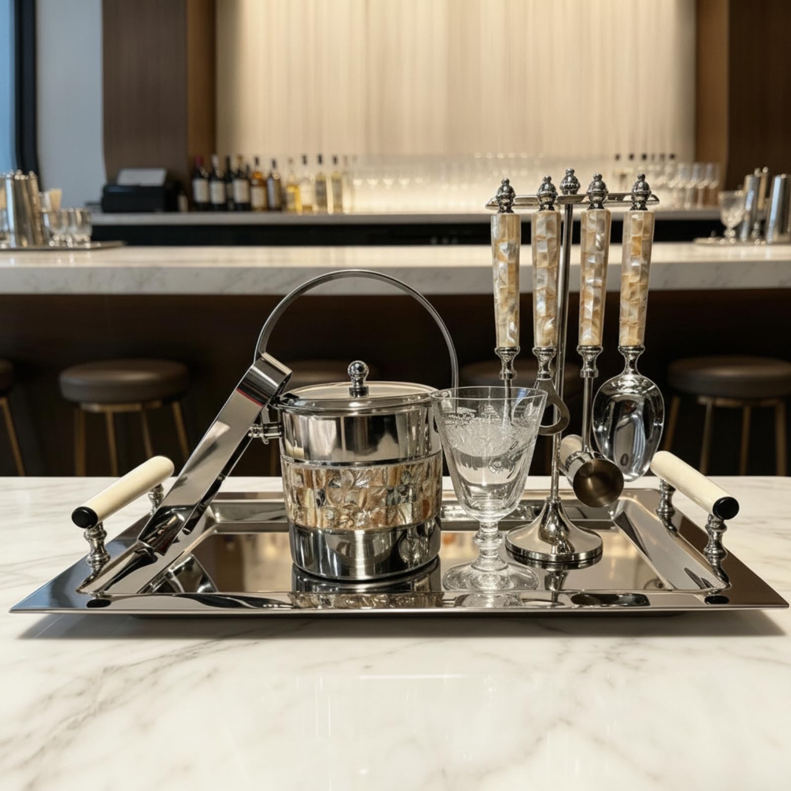 KESOTO Kit da Bar con Portautensili e Accessori | Elegante, Set da Bar in Acciaio Inox con Vassoio e Secchiello per il Ghiaccio, Pratico, Relax, Beige