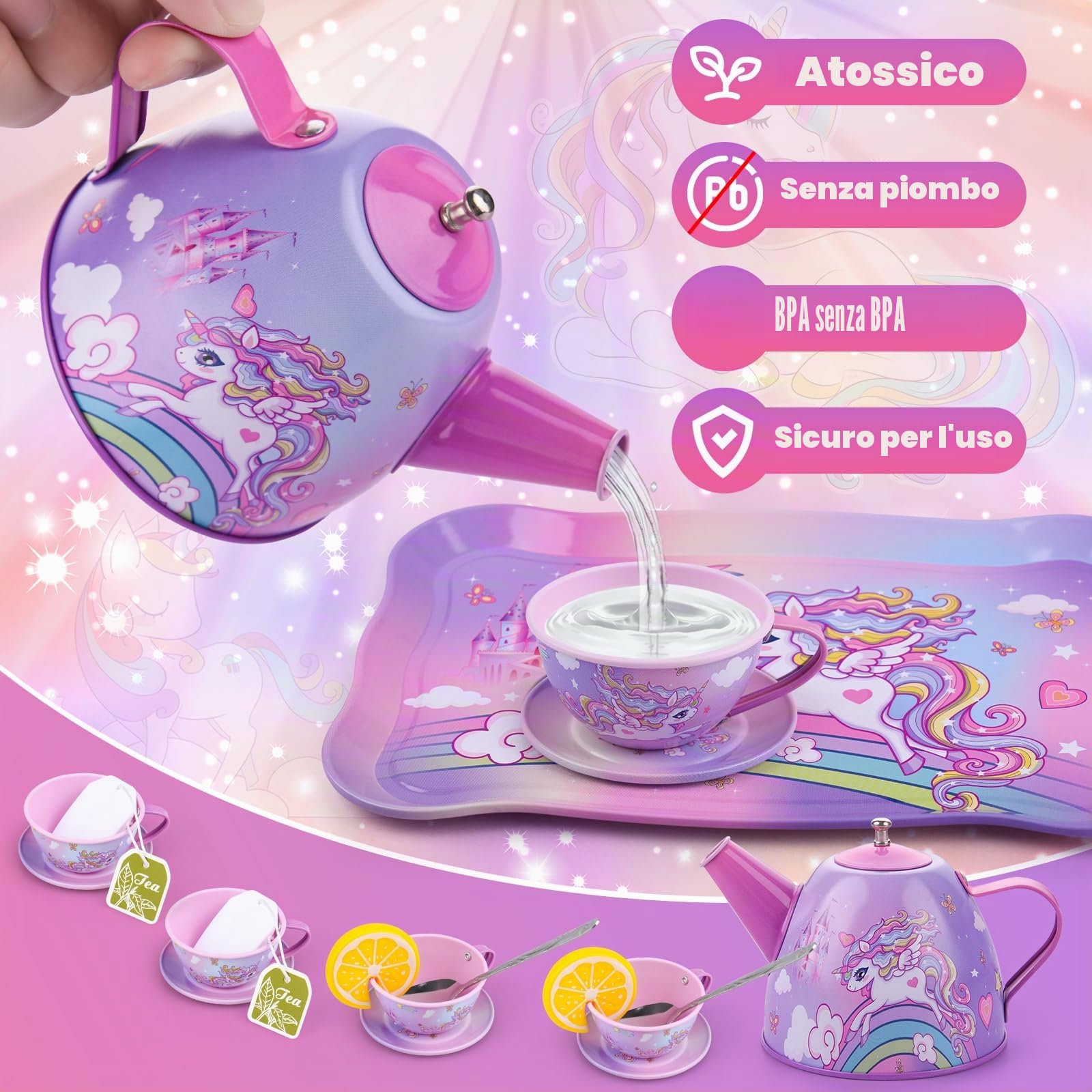 ARANEE Set da Tè Giocattoli Bambini Accessori Cucina Bambini Set da Tè in Latta Tea Party Finta di Giocare con Dessert Donut Giocattoli da Dessert Regalo per Bambina 3 4 5 6 7 8 Anno (Viola)