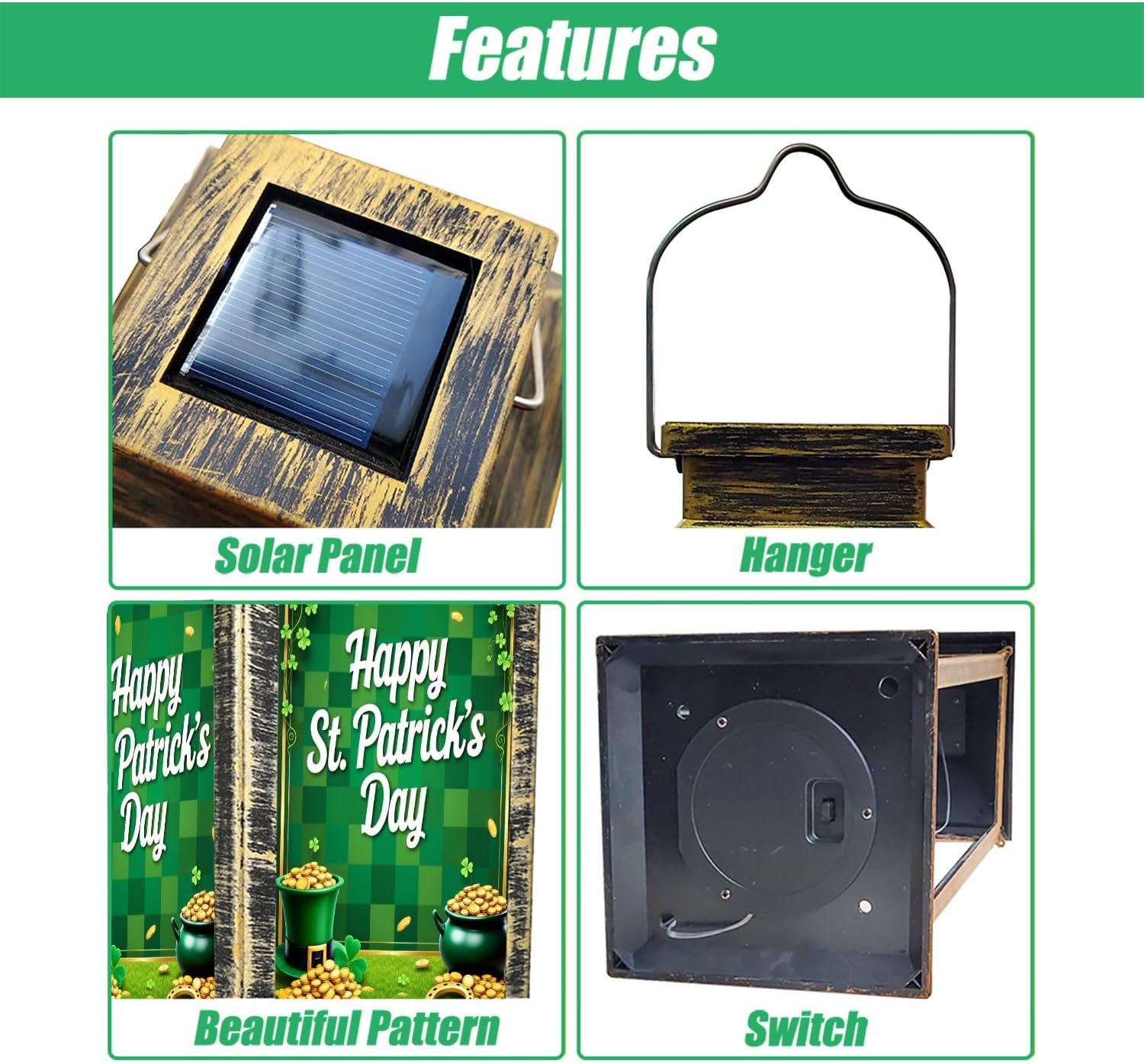 Solar Lantern St Patricks Day Backdrop Photo Decor Gold Coins Lucky Shamrocks Top Outdoor Garden Hanging Lantern Waterproof Solar Powered Lighting Outside Table Lamp for Deck Yard Camping Patio Decor