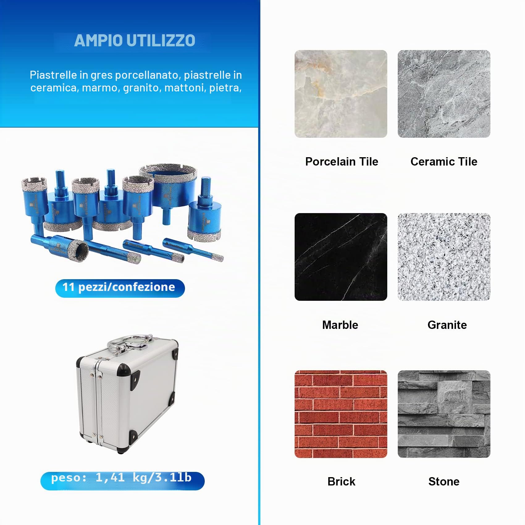 Punta per Trapano Diamantata Set - Frese diamantate 6/8/10/20/25/28/32/35/45/50/65mm punte diamantate per Porcellana Granito Piastrella Marmo Taglio a Secco