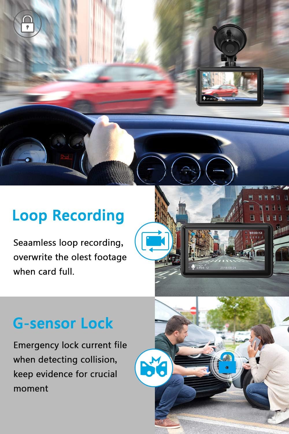 Loop Recording and G-sensor Lock features, showing continuous recording and emergency file locking.