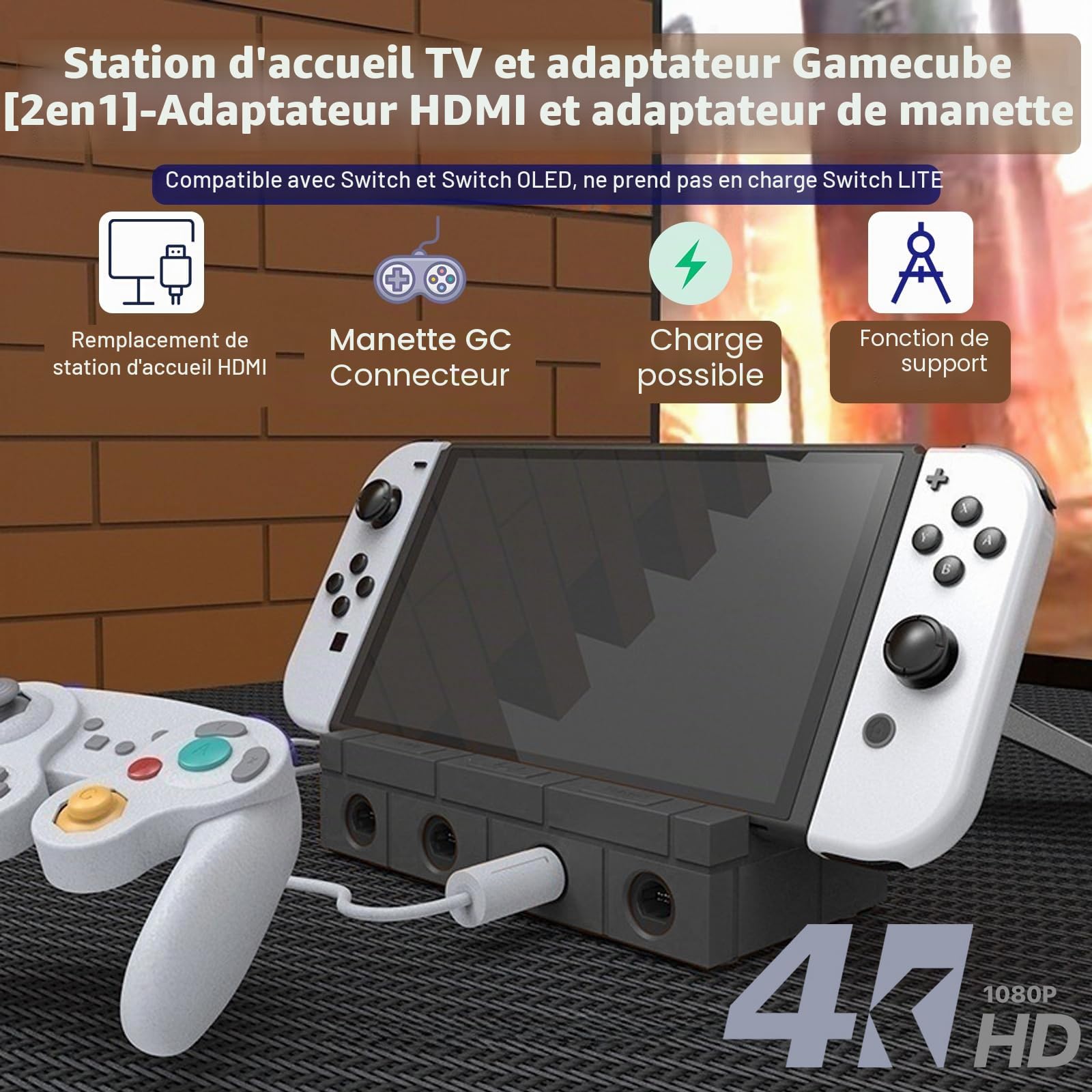 Station de Charge Compatible avec Nintendo Switch/OLED, Dock TV avec Adaptateur HDMI 4K/1080P, 4 Ports GC et 6 Emplacements de Jeu