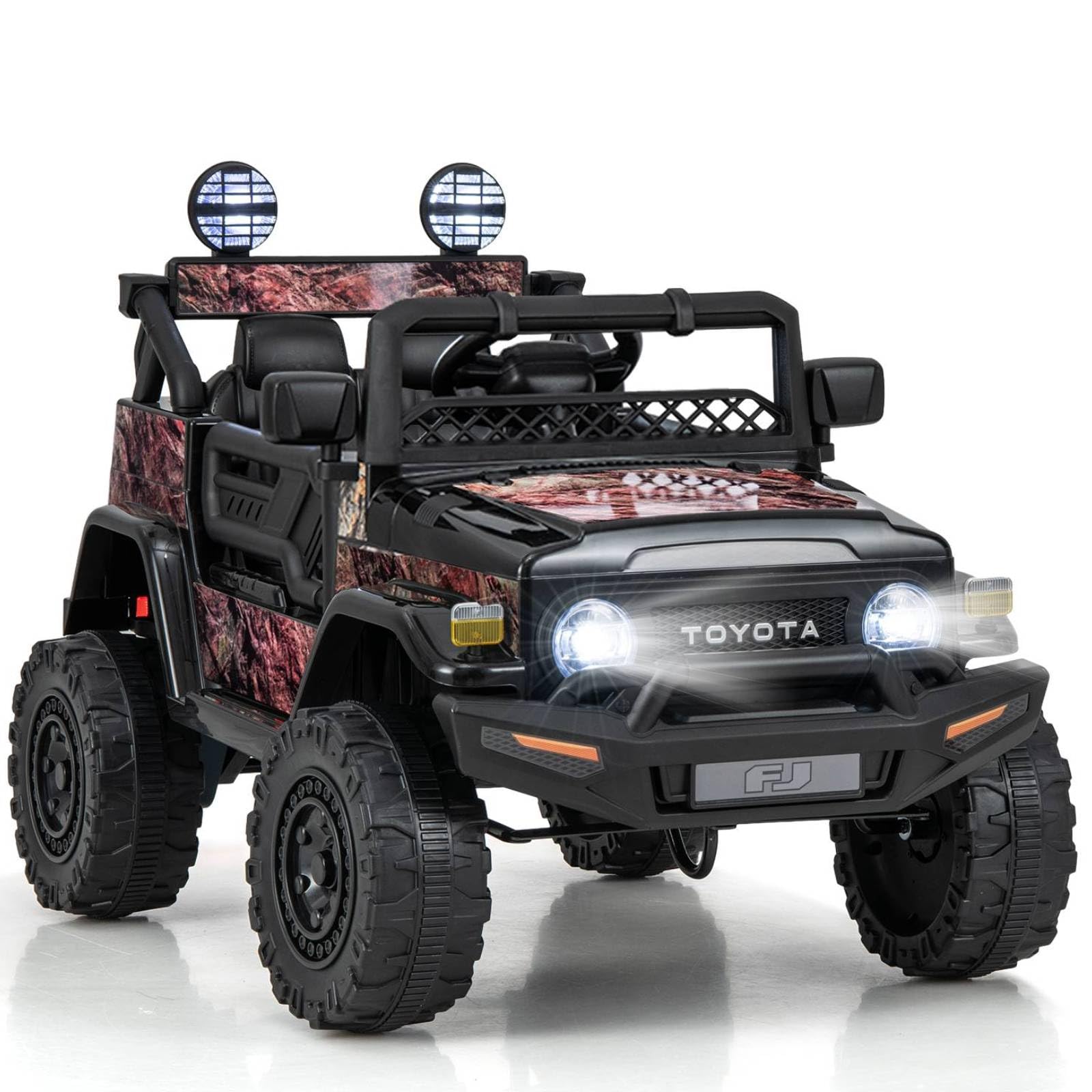 GYMAX Kids Ride on Car, 12V Licensed Toyota FJ Car with Remote Control, Lights, Music, Horn, Wireless, USB, Shock Suspension & Slow Start, Children Electric Off Road Truck for 3 Years Old + (Black)