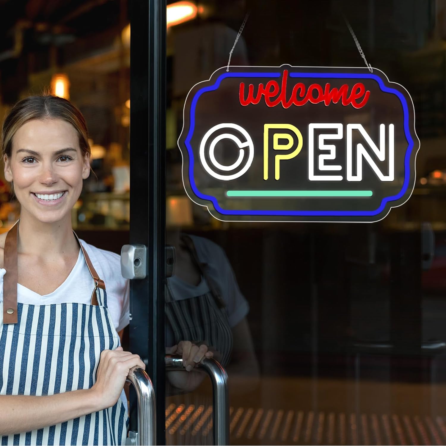Open Sign for Business LED Neon Light – 16.8x11 Inch USB Powered Acrylic Wall Sign with Blue Trim, Red Welcome and White OPEN Letters for Store Window Shop Cafe Bar Decor - Image 7