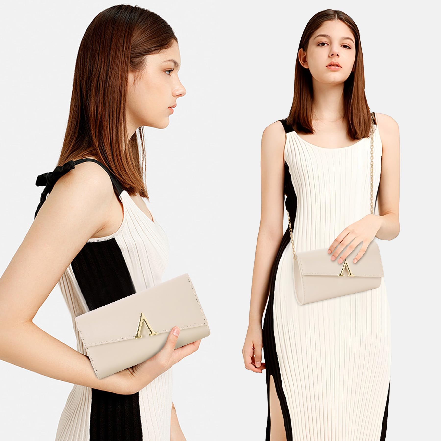 Larcenciel Pochettes et Clutches Femme Nude, Pochette Soiree Femme Élégant en Cuir PU Végétalien avec Chaîne, Sac a Main Crème à la Mode pour Mariage, Fete, Boule, Cocktail, Cérémonie 23x5x13CM