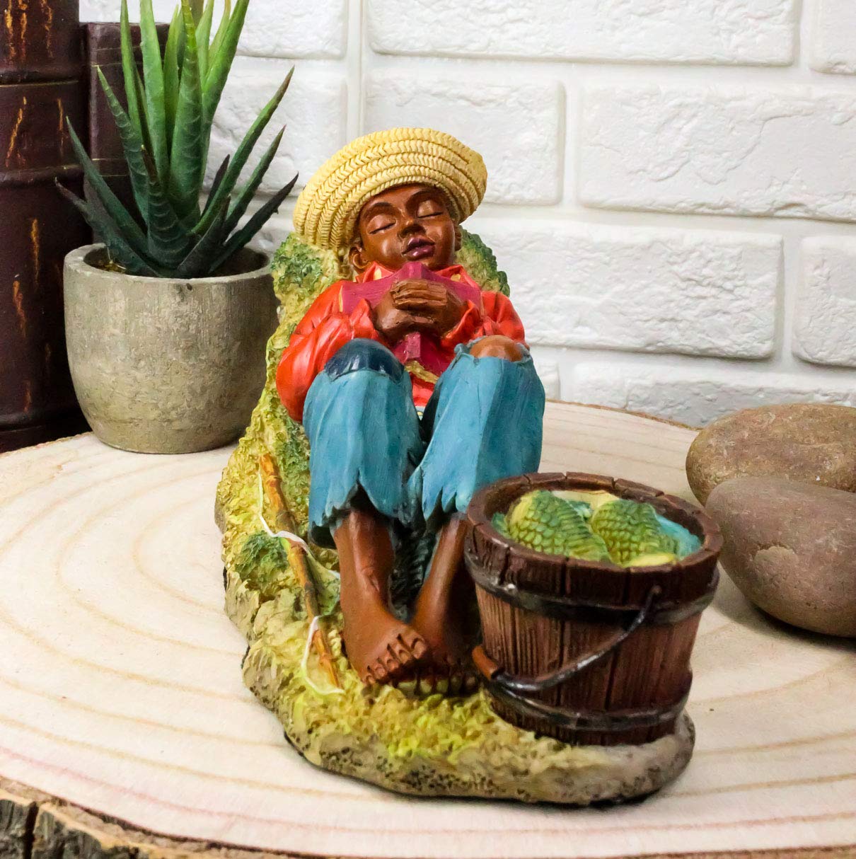 black boy with fishing pole Ebros Colorful Vintage Black Americana History African American Boy  Sleeping by A Creek Statue 7