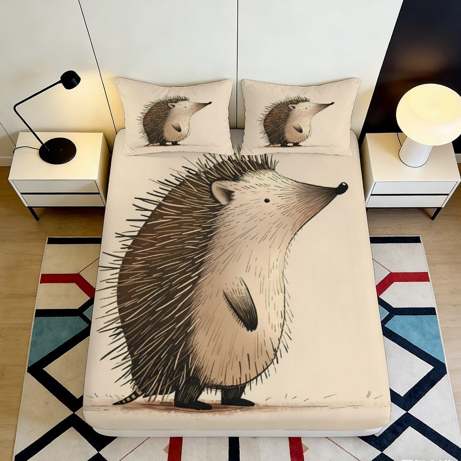3D Printed Hedgehog Fitted Sheet Microfiber Durable Beige Bed Cover with Animal Design Mattress Cover for Bedroom Dormitory Guest Room Protection 120x200x25cm