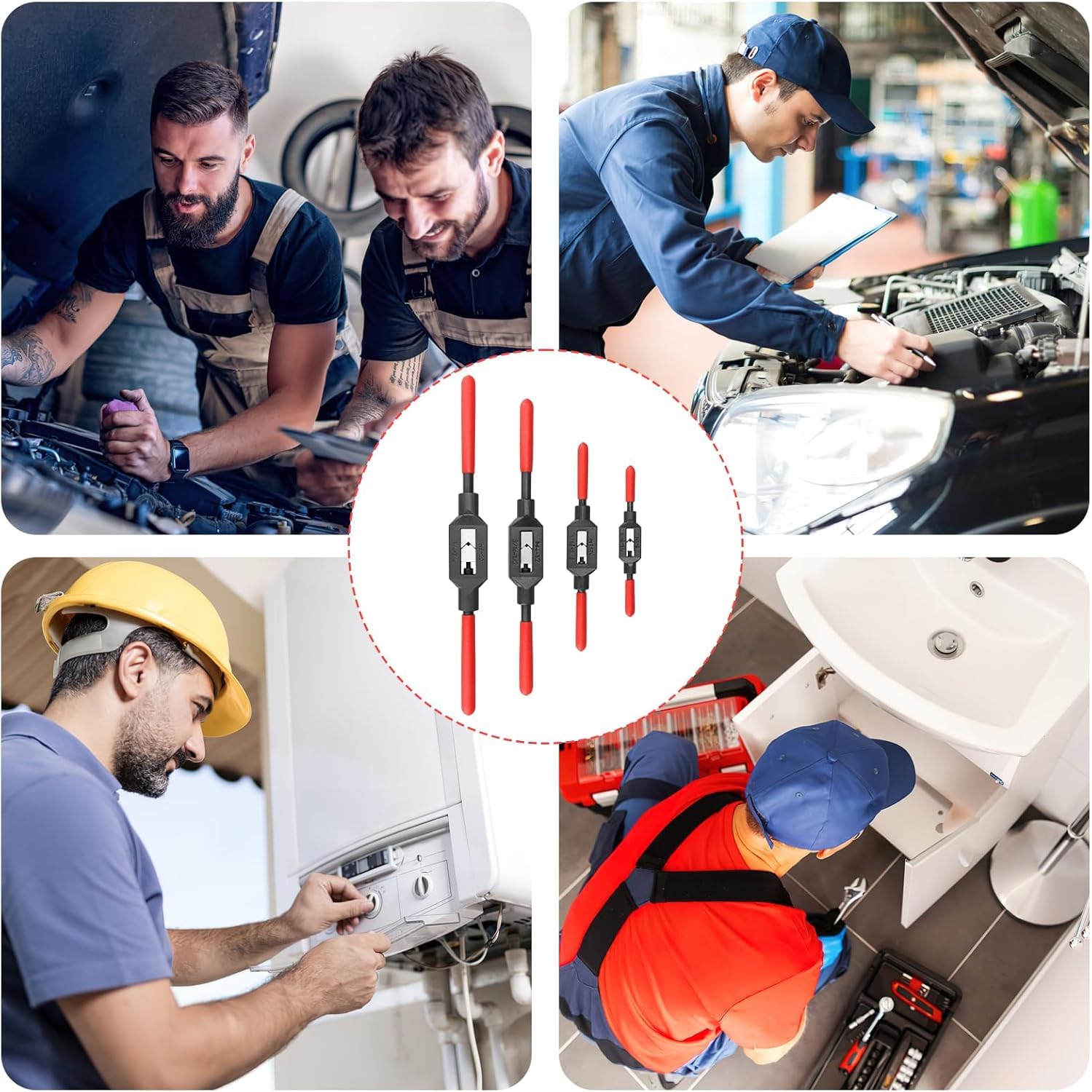 Lot de 4 Clés à Taraud Réglables, Porte-Tarauds avec Poignée Antidérapante en Plastique, Ensemble d’Outils pour Taraudage et Alésage Manuel, Compatible avec Tarauds UNC UNF Métriques de 1/16'' à 3/4''