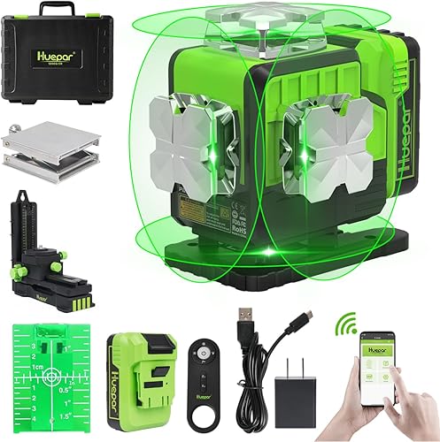 Huepar 4x360 Nivel láser autonivelante 4D haz verde conectividad Bluetooth Herramienta láser 360 líneas láser horizontales y verticales, control