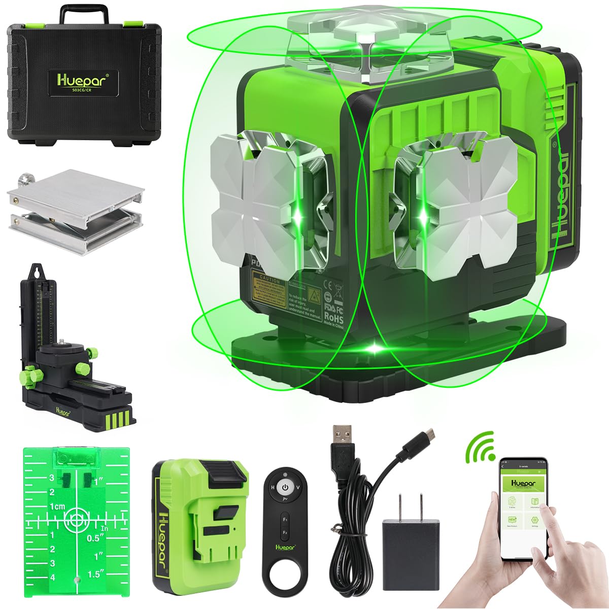 Huepar Nivel láser 4x360° Autonivelante, haz verde 4D, conectividad Bluetooth, herramienta láser 360 líneas láser horizontales y verticales, control remoto, estuche rígido, soporte magnético incluido