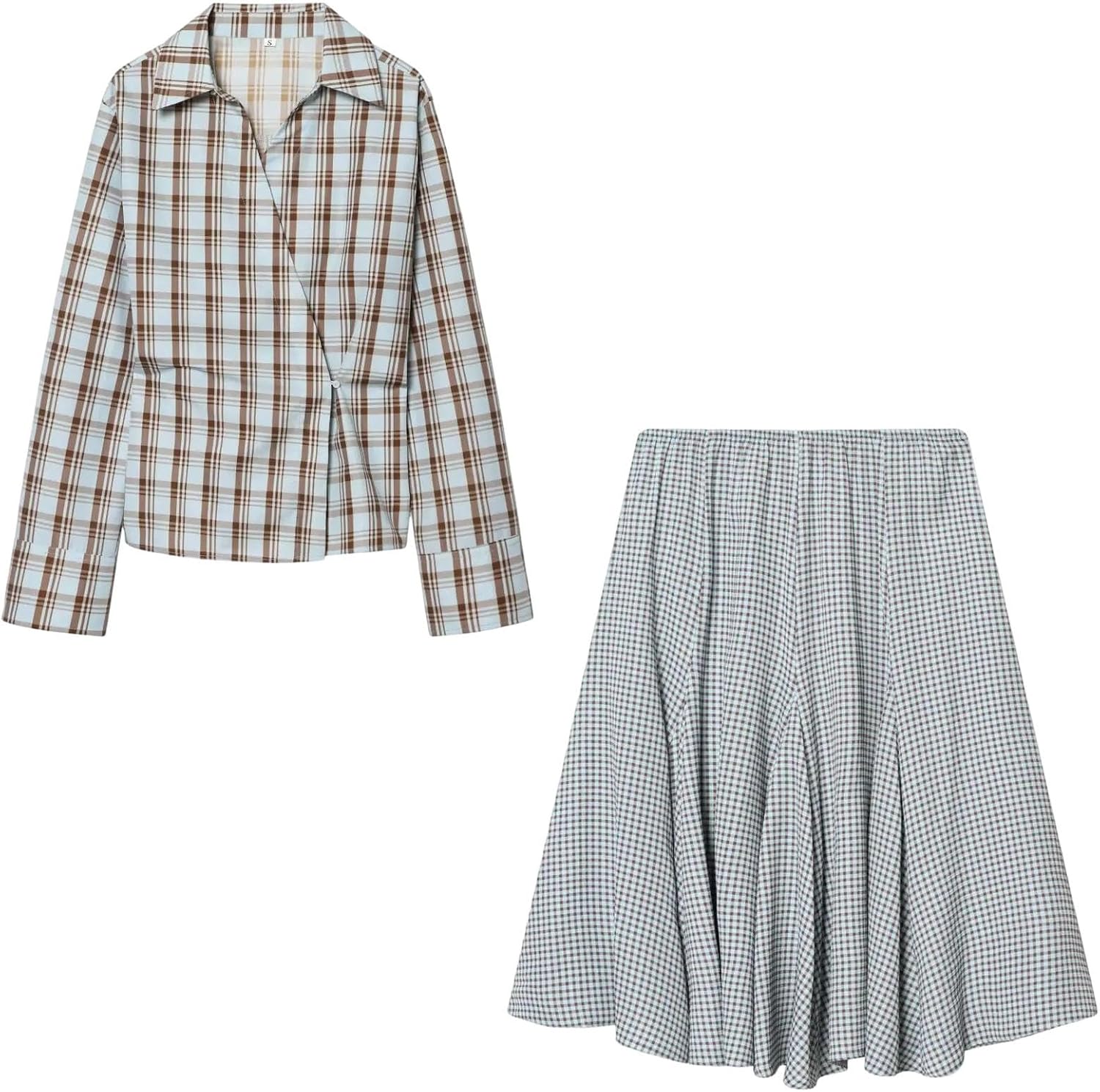 Women's Turn Down Collar Full Sleeve Single Button Patchwork Plaid Top Knee Length Flared Skirt Suits Vintage Sets