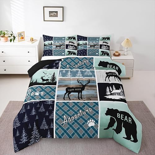 Juego de edredón de oso y ciervo, tamaño individual, ropa de cama de animales salvajes de caza, colcha rústica de cabaña, casa de campo, cuadros