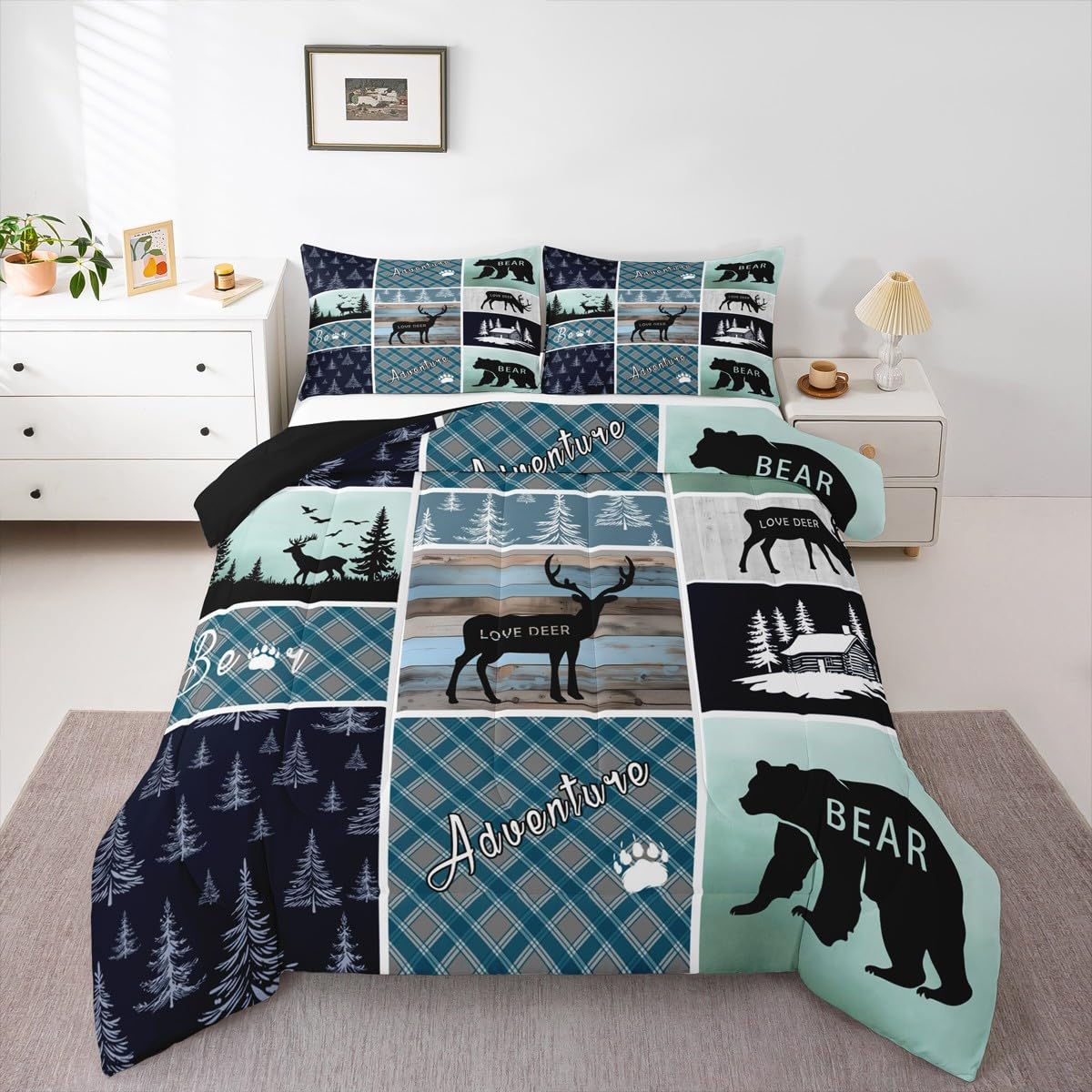 Bear Deer Comforter Set Twin Size, Hunting Wild Animal Bedding Rustic Cabin Lodge Quilt Farmhouse Blue Geometric Plaids Bedding Comforter Sets For