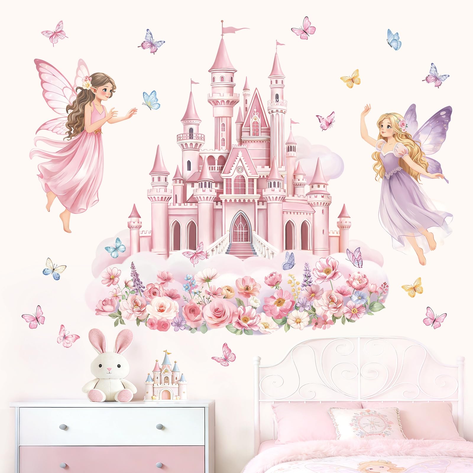 decalmile Stickers Muraux Château Rose Fille Fée Autocollant Mural Fleur Papillon Rose Décoration Murale Bébé Fille Chambre Enfants Pépinière