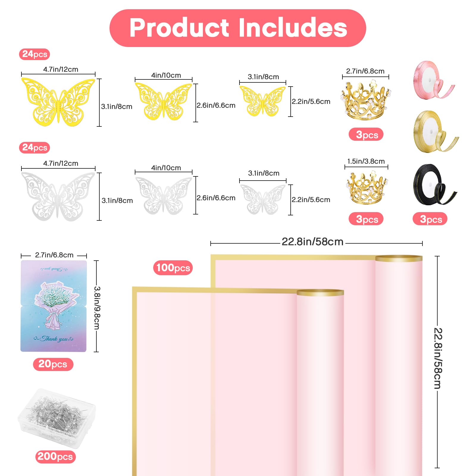 homdat Blumenstrauß Papier Set, bestehend aus 100 Blatt Geschenkpapier mit Blumenmuster, Bändern, Grußkarten, Diamantbroschen, 3D-Schleifen und Blumenkränzen zum Verpacken von Blumengeschenken,58 cm