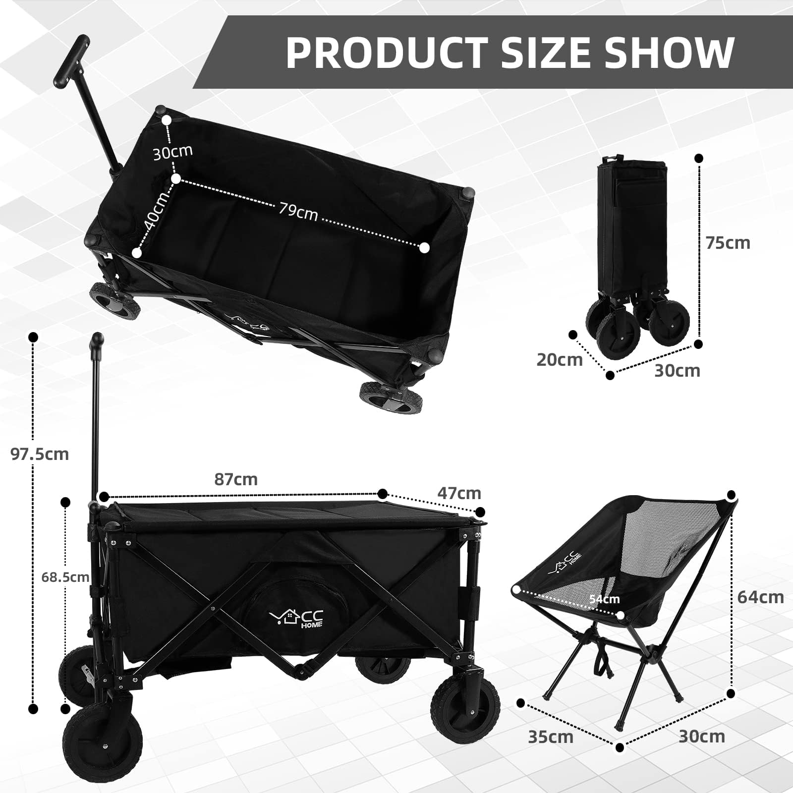 CCLIFE Chariot de Transport Pliable 80kg Chariot Pliant à roulettes Larges Tout Terrain pour Sport, Shopping, Camping Noir