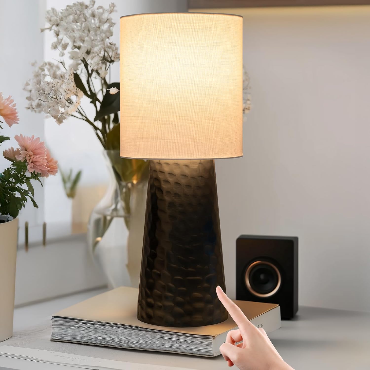 Touch Lamps for Nightstand, Gold Bedside Lamp Touch Control for Bedroom with Linen Shade, Mid Century Modern 13 inch Small Table Lamp (Sand Nickel Cylinder - 1 Pack)