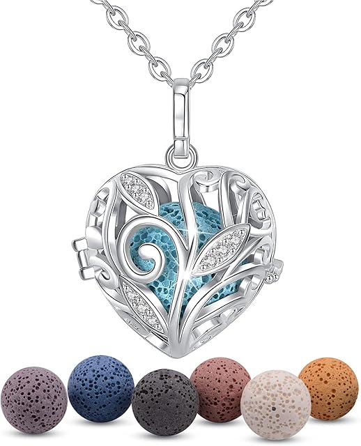 INFUSEU Aromatherapy Aroma Diffuser Chain, Heart Shaped Silver Plated Women Fragrance Stone Necklace Classic Pendant Meditation Chain Mood Chain Lava Stone Diffuser Women Jewelry
