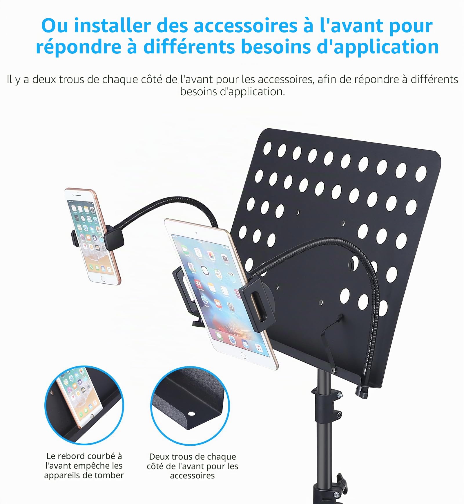 Pupitre professionnel pour partitions d'orchestre avec roulettes – Support en métal pour téléphone portable, tablette pour piano, clavier, instruments à vent – Hauteur réglable 90,9 cm ~ 198,1