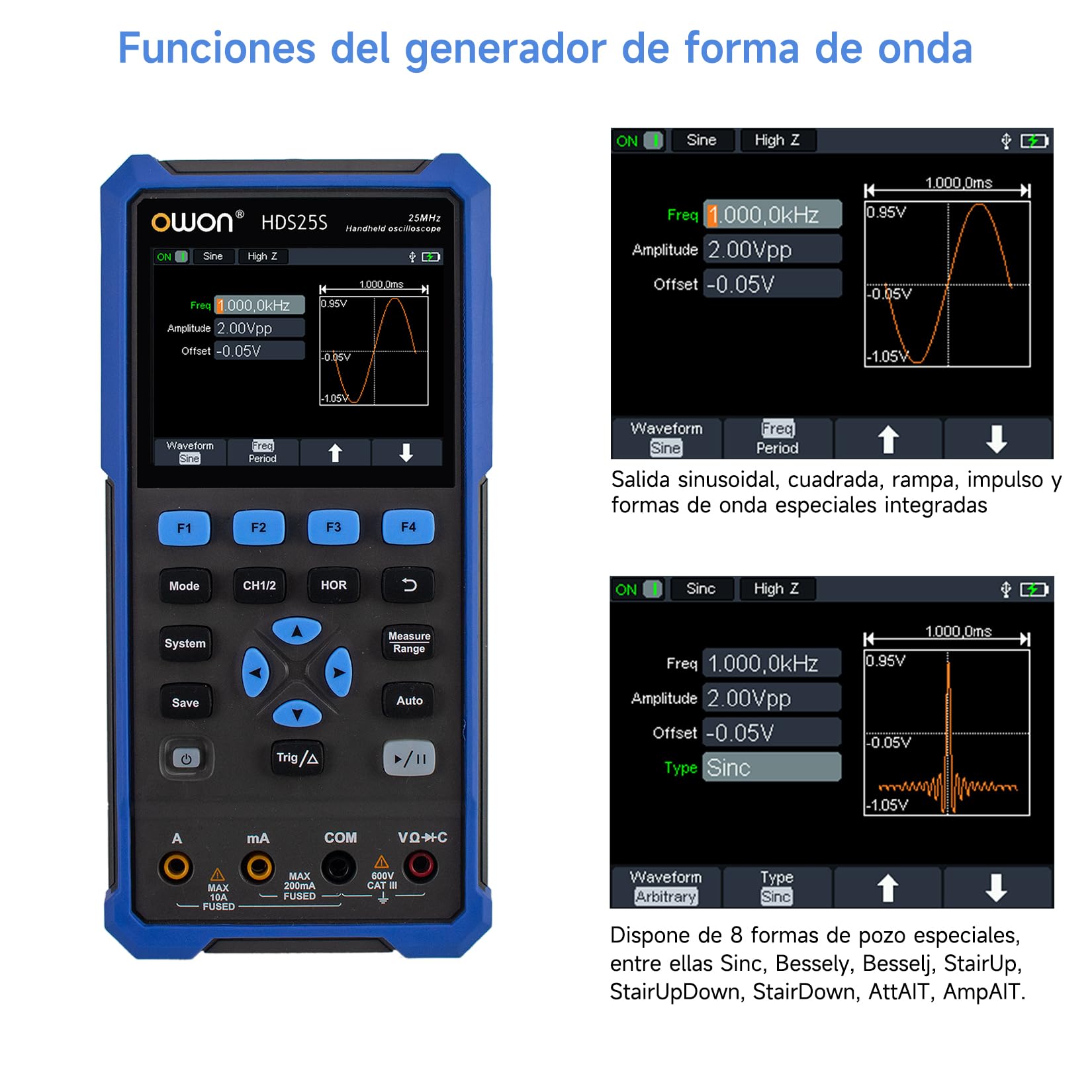 OWON Osciloscopio manual multímetro digital multifunción, 20000 recuentos, dispositivo de prueba universal 3 en 1, pantalla LCD de 3,5 pulgadas, 2 canales, ancho de banda de 25 MHz, HDS25S