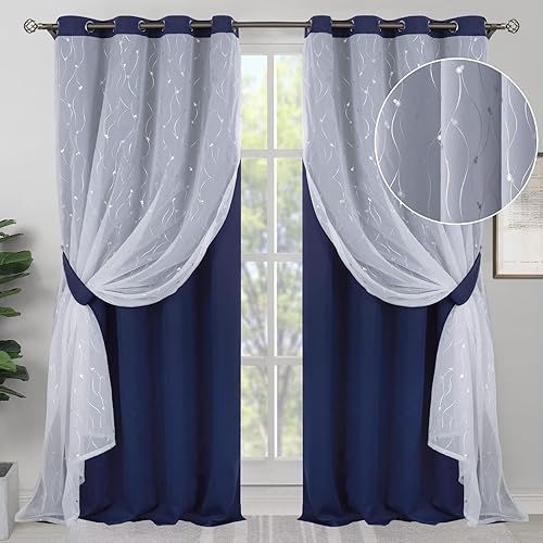 Miniatura 1 de BGment Cortinas opacas con superposición transparente cortinas de tul estampado plateado de doble capa para sala de estar cortinas de ventana con